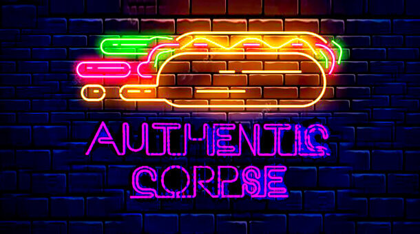 Neon sign of hotdog and project title Authentic Corpse