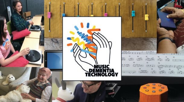 Collage of photographs of different people using assistive technologies and instruments