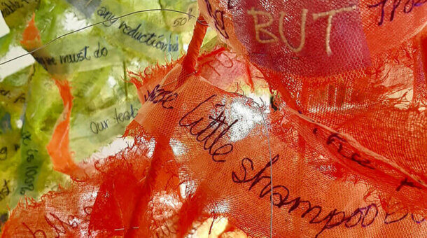 image of material hat with writing on it