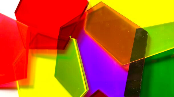 Red, yellow, purple and green perspex hexagons