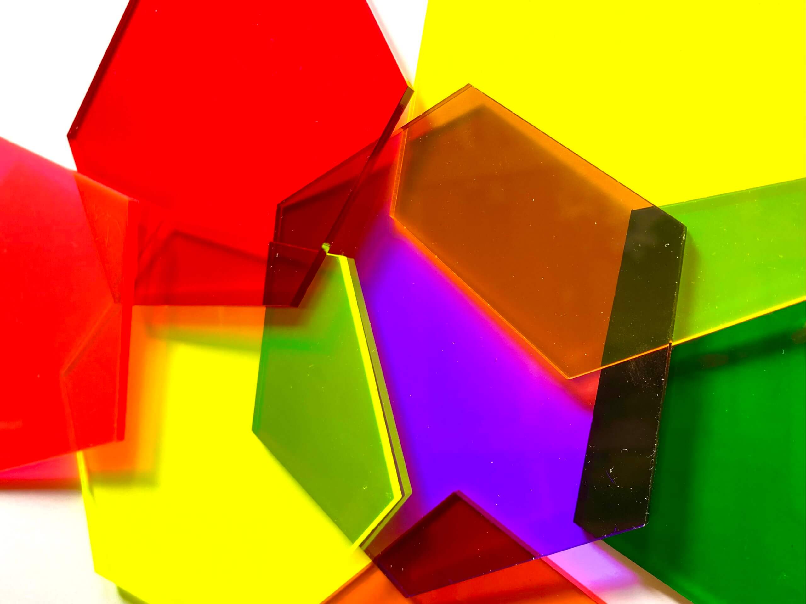 Red, yellow, purple and green perspex hexagons