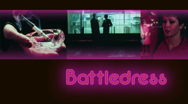 Collage of photographs of women from the 80s with the text 'Battledress' in pink neon below