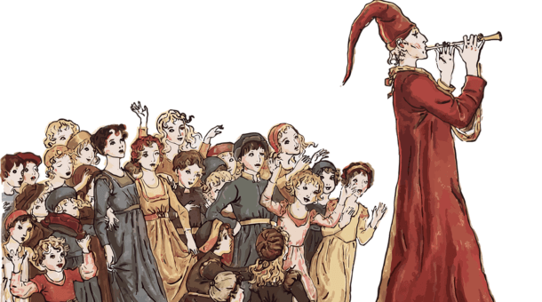 Illustration of a piper leading a group of children